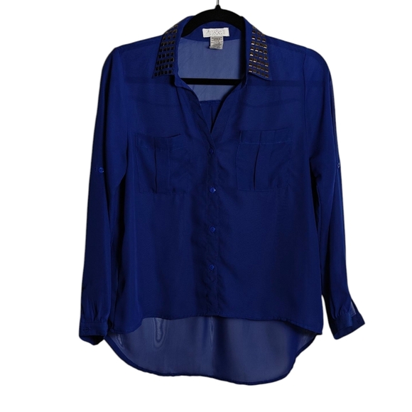 TOSKA Sheer Blue Long Sleeve Studded Collar Button Up Size Small - Picture 1 of 16